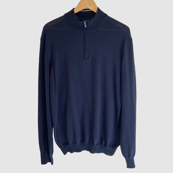 Bugatchi Men's Dark Navy Quarter Zip 100% Merino Wool Pullover Sweater L ($298)